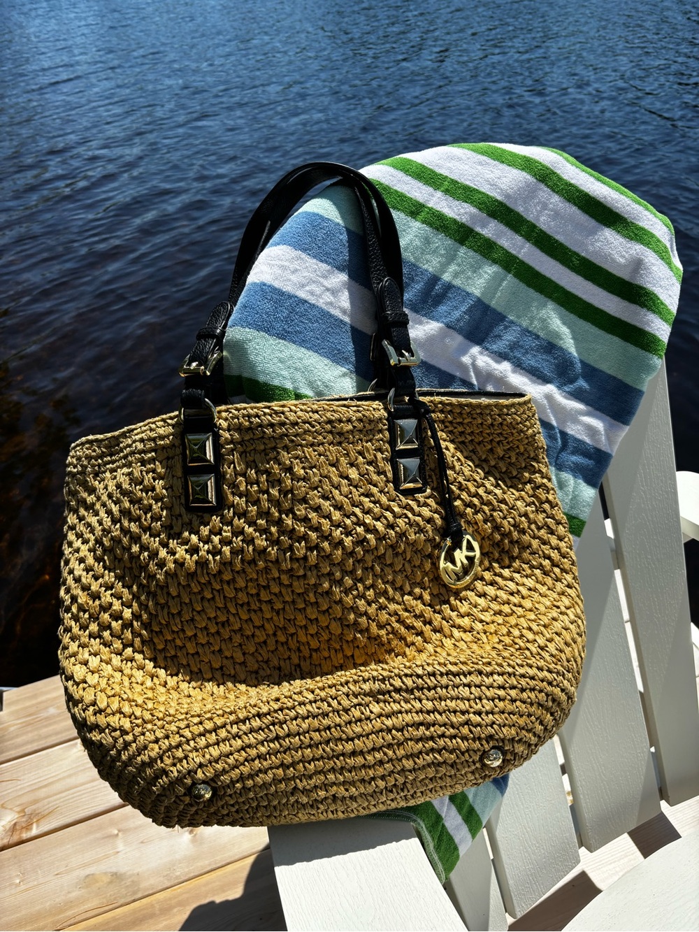 Michael Kors Large Studded Straw Shopper Tote Bag Black Leather Gold Pyramid - Picture 4 of 9